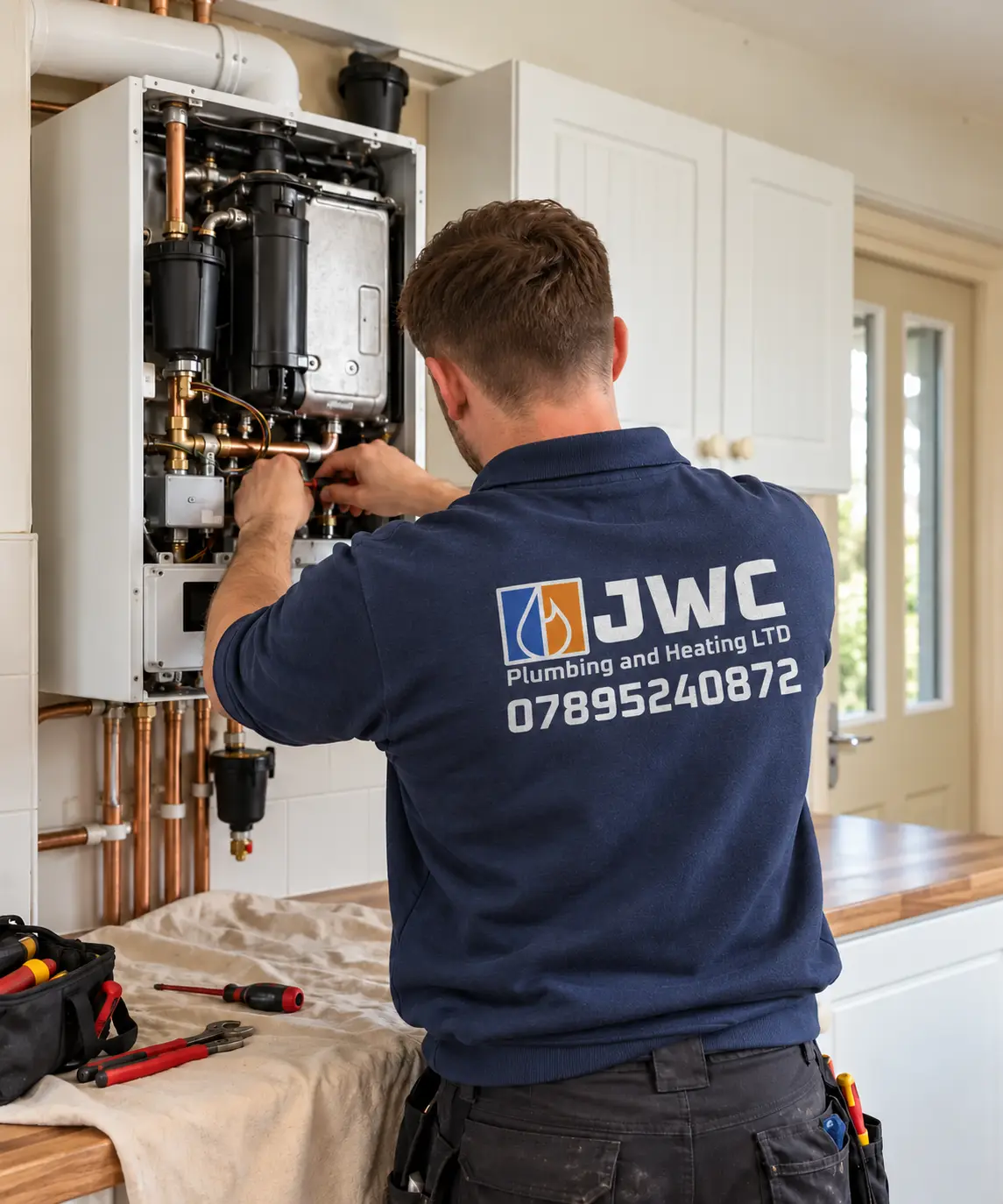 JWC plumbing and heating engineer working on a boiler