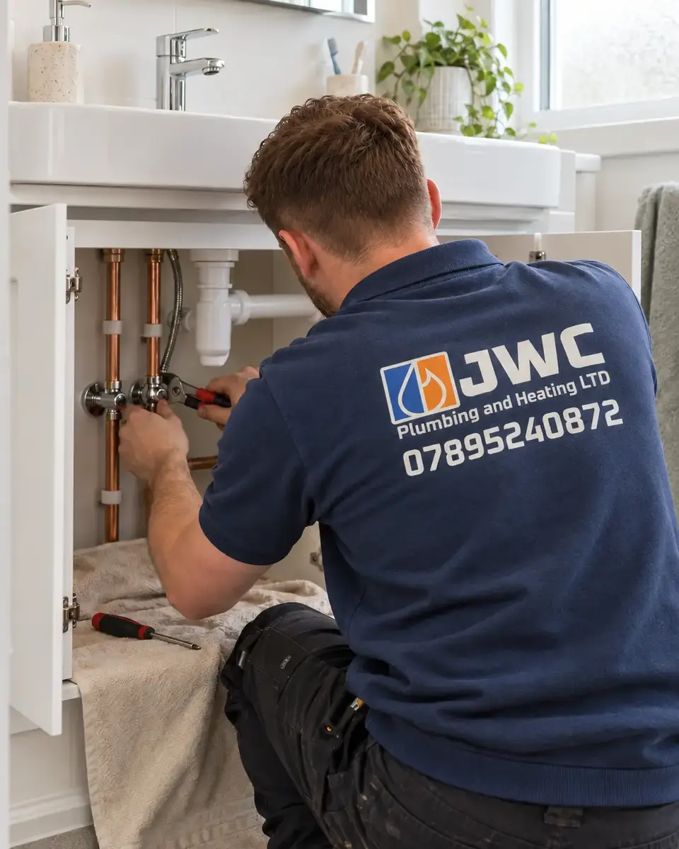 Plumbing engineer repairing pipework beneath a bathroom basin