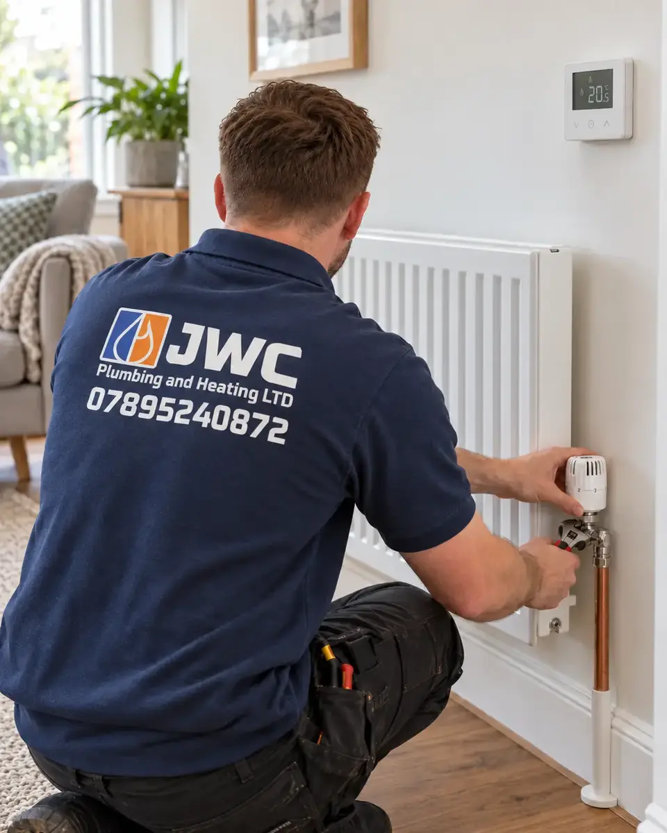Heating engineer adjusting a radiator valve and domestic heating controls